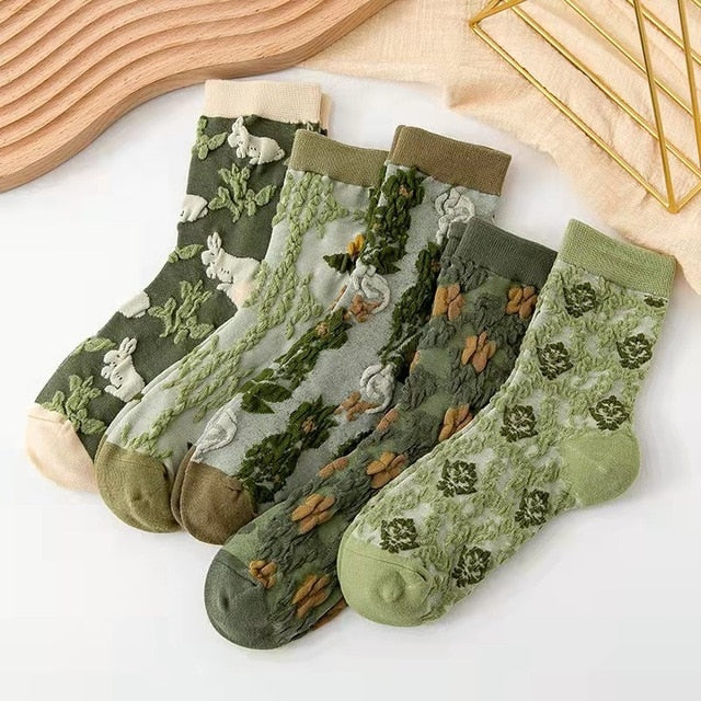 5 Pairs Vintage Flower Embroidery Socks