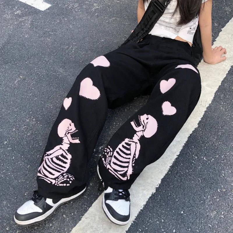 Casual Pants Women Love Skull Bone Print Wide Leg Pants