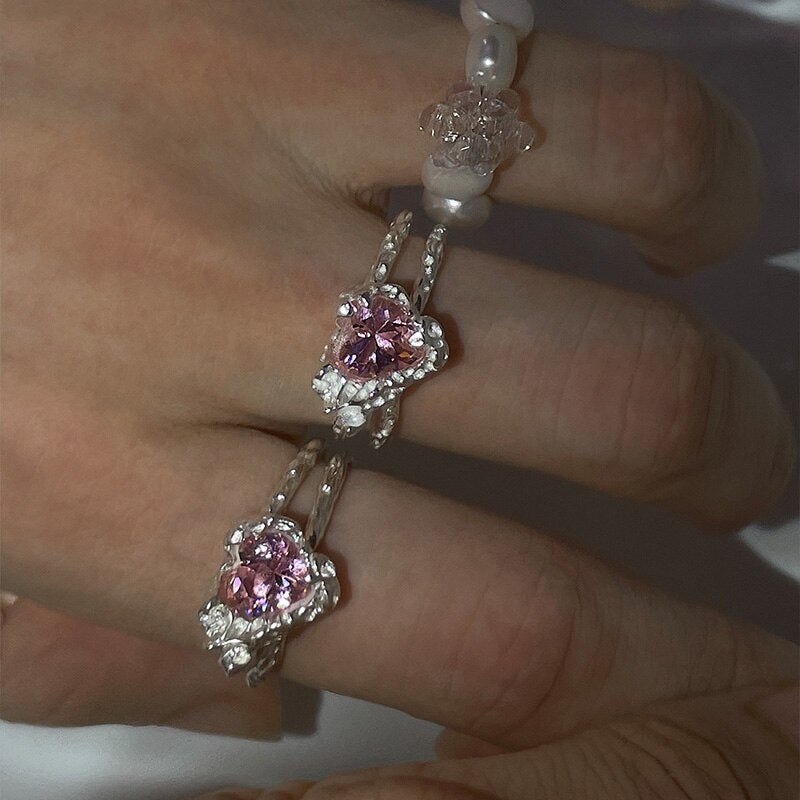 Pink Crystal Irregular Heart Ring