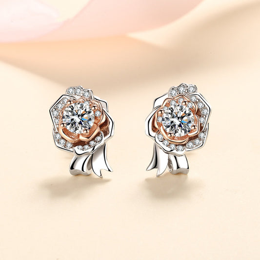 Silver Sparkling Rose Stud Earrings