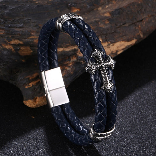 Cross Design Stainless Steel Leather Bracelet
